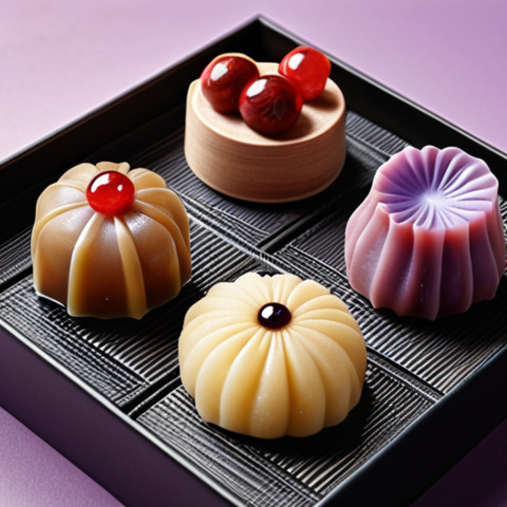 **French Wagashi Fusion:** A beautifully arranged selection of wagashi, incorporating French ingredients like chestnuts, lavender, and red berries. The wagashi should be presented with an elegant, French-pastry inspired aesthetic, such as delicate glazing or floral decorations. Soft, diffused lighting.