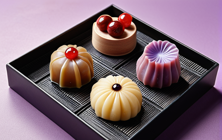 **French Wagashi Fusion:** A beautifully arranged selection of wagashi, incorporating French ingredients like chestnuts, lavender, and red berries. The wagashi should be presented with an elegant, French-pastry inspired aesthetic, such as delicate glazing or floral decorations. Soft, diffused lighting.