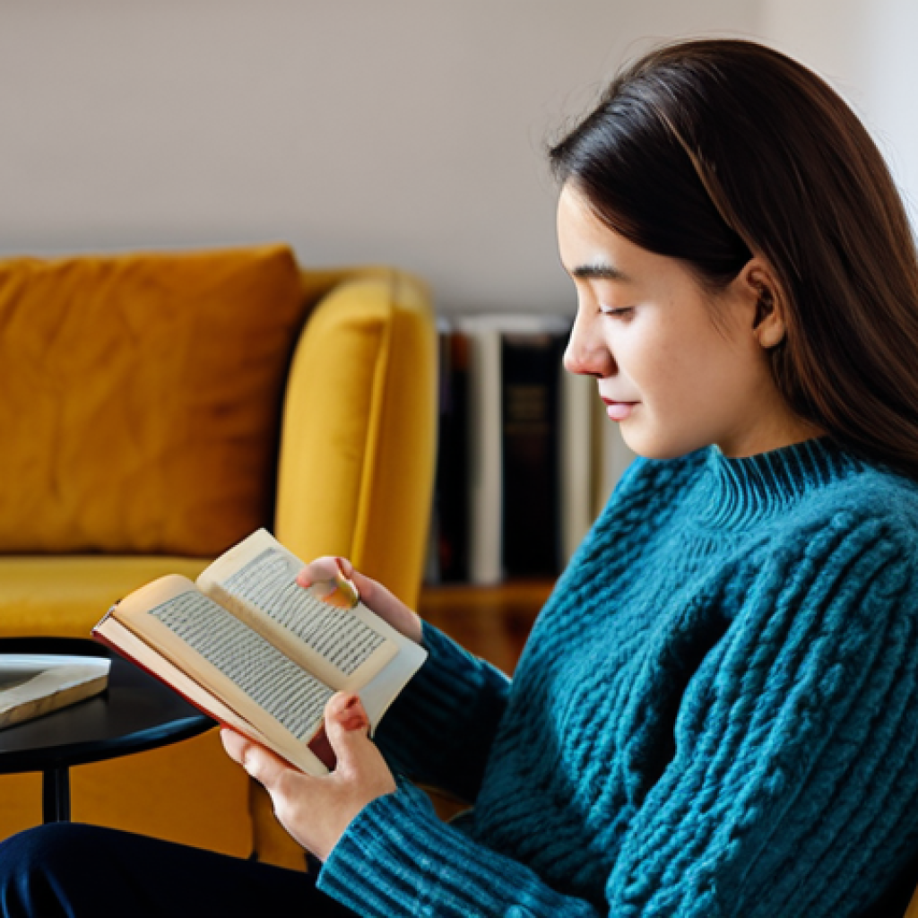 A person of indeterminate gender, fully clothed in a modest, comfortable knit sweater, deeply absorbed in reading a classic hardcover novel. They are seated in a plush, ergonomic armchair in a softly lit, cozy living room. A steaming cup of Darjeeling tea rests on a small side table next to a small plate with a golden Madeleine. The atmosphere is serene and inviting, conveying a sense of timeless comfort. Perfect anatomy, correct proportions, natural pose, well-formed hands, proper finger count, natural body proportions, professional photography, high quality, safe for work, appropriate content, fully clothed, modest, family-friendly.