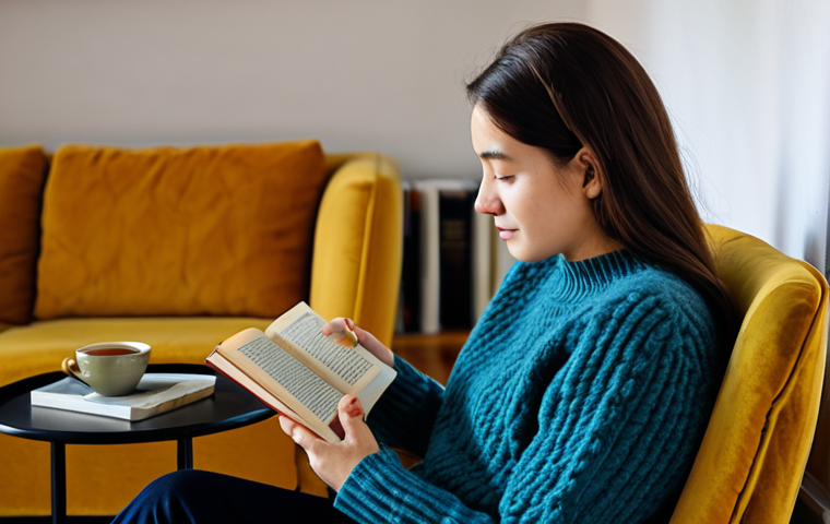 A person of indeterminate gender, fully clothed in a modest, comfortable knit sweater, deeply absorbed in reading a classic hardcover novel. They are seated in a plush, ergonomic armchair in a softly lit, cozy living room. A steaming cup of Darjeeling tea rests on a small side table next to a small plate with a golden Madeleine. The atmosphere is serene and inviting, conveying a sense of timeless comfort. Perfect anatomy, correct proportions, natural pose, well-formed hands, proper finger count, natural body proportions, professional photography, high quality, safe for work, appropriate content, fully clothed, modest, family-friendly.