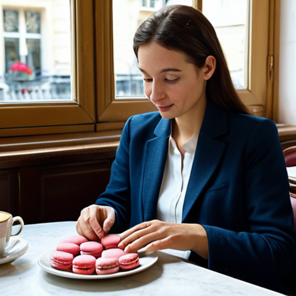 Parisian Café Scene**
"A cozy Parisian café interior, a professional woman in a modest dress sits at a small table, a steaming cup of café au lait and a plate with two macarons (rose and raspberry flavors) are on the table, soft, natural light, safe for work, appropriate content, fully clothed, professional, perfect anatomy, correct proportions, natural pose, well-formed hands, proper finger count, natural body proportions, high quality, realistic, detailed."
**