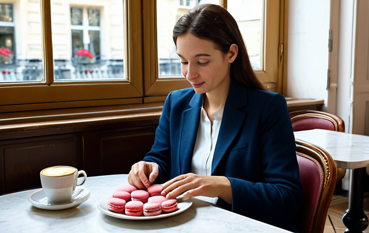 Parisian Caf&eacute; Scene**

"A cozy Parisian caf&eacute; interior, a professional woman in a modest dress sits at a small table, a steaming cup of caf&eacute; au lait and a plate with two macarons (rose and raspberry flavors) are on the table, soft, natural light, safe for work, appropriate content, fully clothed, professional, perfect anatomy, correct proportions, natural pose, well-formed hands, proper finger count, natural body proportions, high quality, realistic, detailed."

**