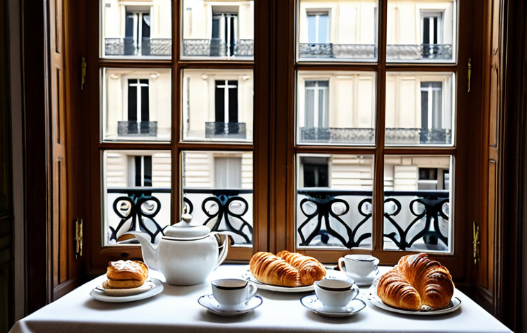 Parisian Tea Time Scene**

"A beautifully arranged tea table in a Parisian apartment, safe for work, appropriate content, fully clothed. Focus on a tiered display of French viennoiseries: croissants, pain au chocolat, and brioche. A porcelain teapot and delicate teacups are present. In the background, a bright window overlooks a classic Parisian street scene. Perfect anatomy, correct proportions, natural pose of objects. High quality, professional, modest, family-friendly."

**