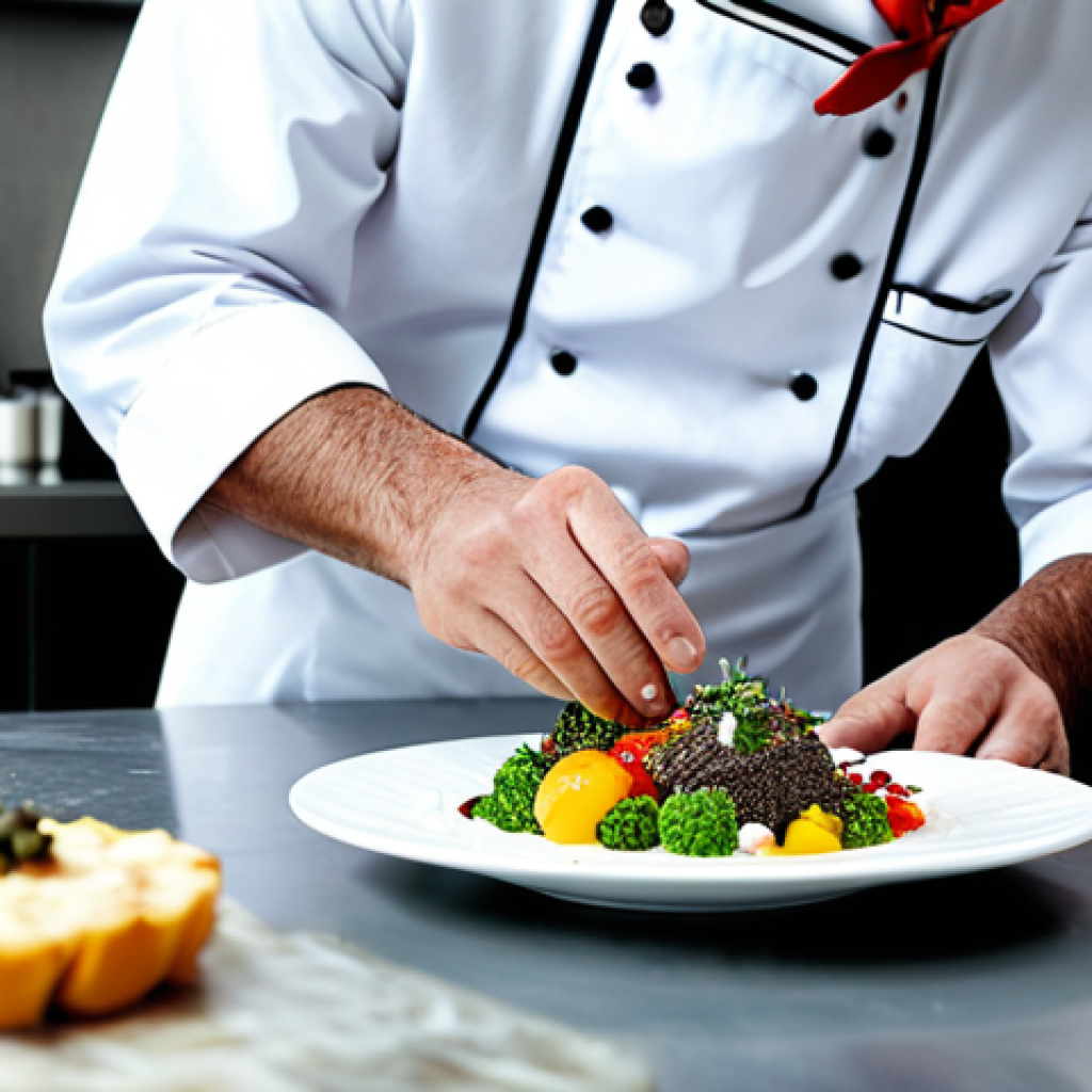 다과와 예술 - The Artistic Chef**

"A professional chef in a pristine kitchen, carefully plating a colorful dish w...