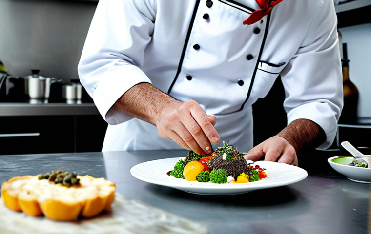다과와 예술 - The Artistic Chef**

"A professional chef in a pristine kitchen, carefully plating a colorful dish w...