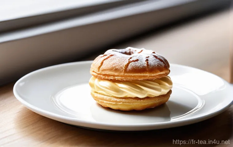 다과와 SNS 마케팅 - **Prompt:** A meticulously arranged still-life featuring a delicate French choux pastry, such as a P...