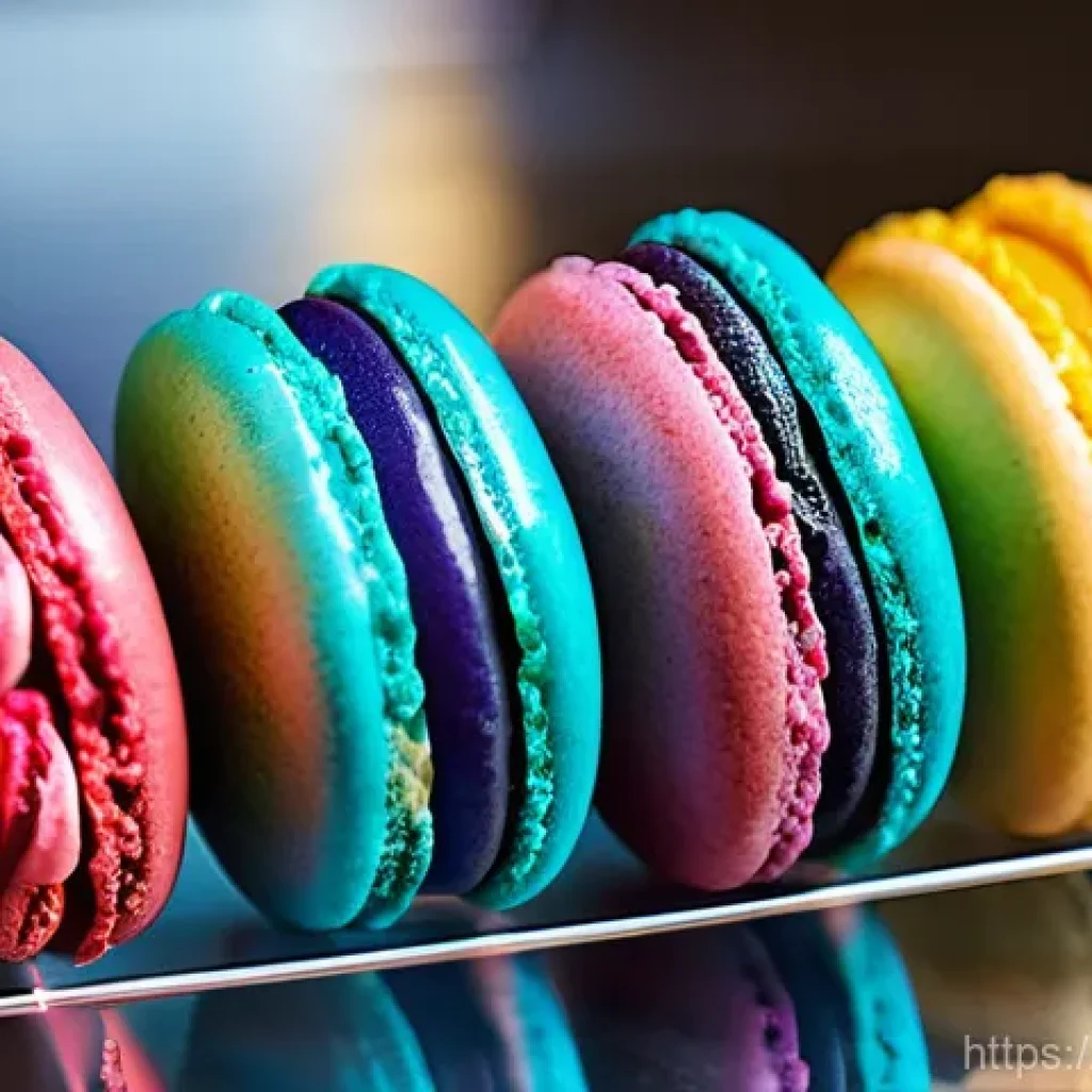 다과와 오방색 - **Vibrant Macarons in a Parisian Patisserie**
    "A close-up, high-definition, and brightly lit sho...