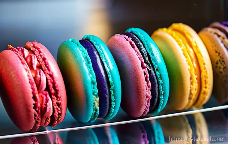 다과와 오방색 - **Vibrant Macarons in a Parisian Patisserie**
    "A close-up, high-definition, and brightly lit sho...