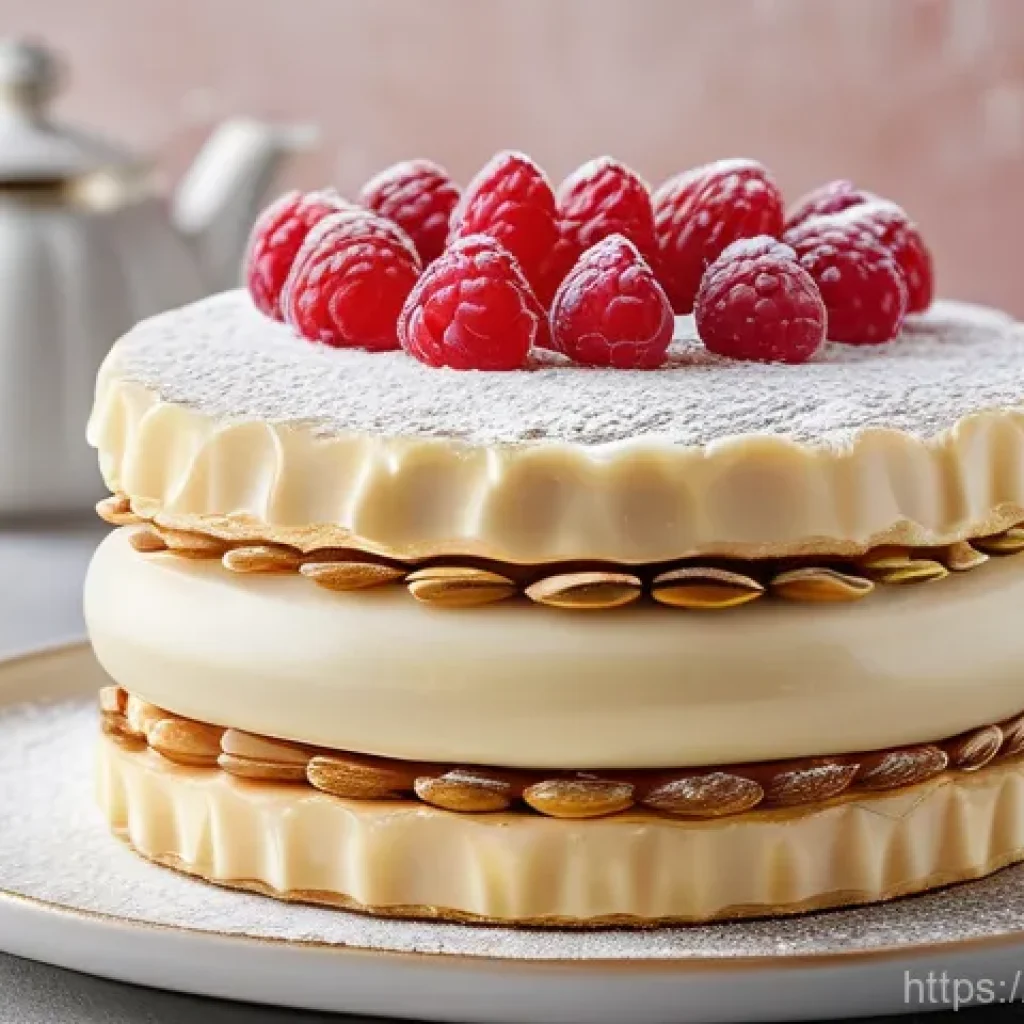 다과와 찹쌀떡 - The Elegant French Dacquoise**

A close-up, high-resolution photograph of a perfectly crafted Dacquo...