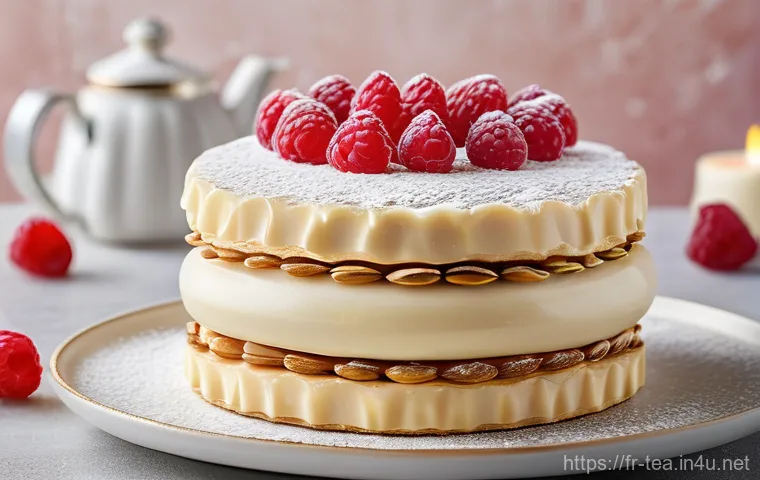 다과와 찹쌀떡 - The Elegant French Dacquoise**

A close-up, high-resolution photograph of a perfectly crafted Dacquo...