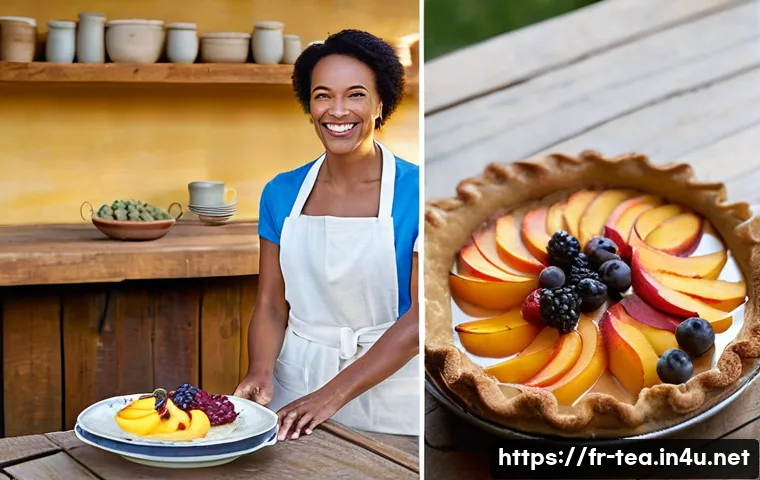 다과와 전통 발효 디저트 - **Prompt:** A cozy, sun-drenched French kitchen scene. A smiling, elegant woman in her late 30s, dre...