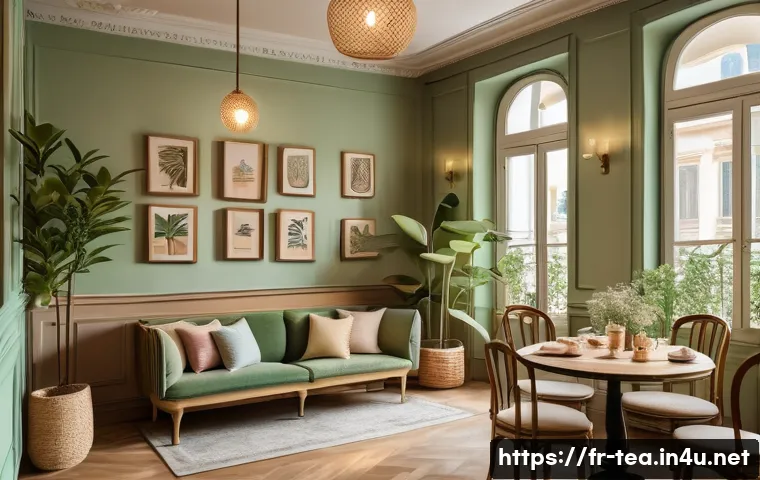 다과와 감성카페 - A cozy French-style tea salon interior featuring raw wooden furniture and pastel-colored walls with ...