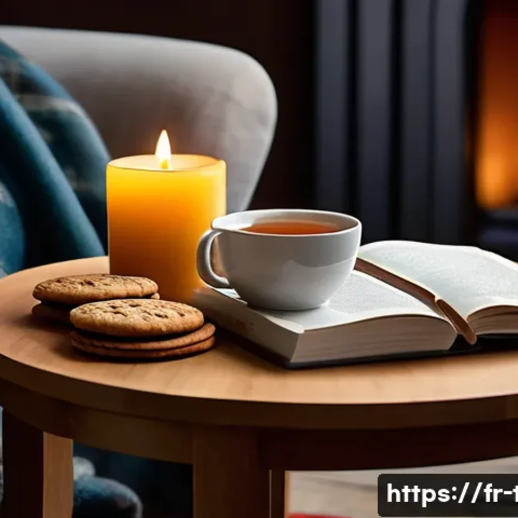 다과와 유튜브 콘텐츠 - A cozy indoor setting featuring a softly lit corner with warm, dimmed lighting and several scented c...