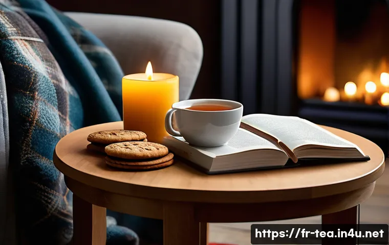 다과와 유튜브 콘텐츠 - A cozy indoor setting featuring a softly lit corner with warm, dimmed lighting and several scented c...