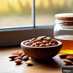 다과와 슈가프리 스낵 - A cozy afternoon snack scene featuring a rustic wooden table with a small bowl of roasted almonds sp...