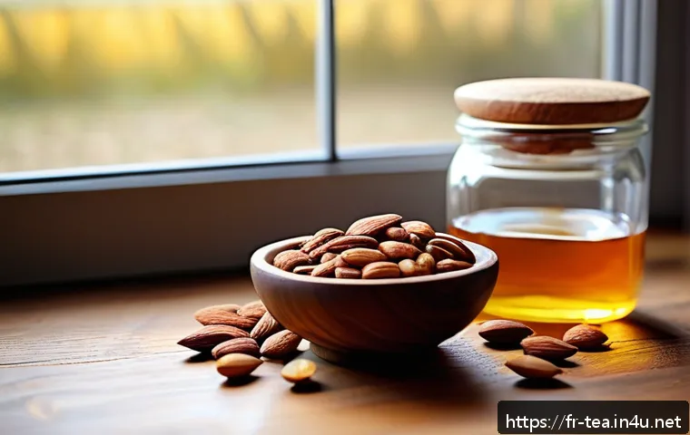 다과와 슈가프리 스낵 - A cozy afternoon snack scene featuring a rustic wooden table with a small bowl of roasted almonds sp...
