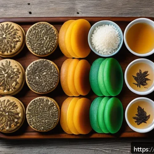 한식 다과 종류 - A beautifully arranged traditional Korean dessert platter on a rustic wooden table set in a cozy Eur...