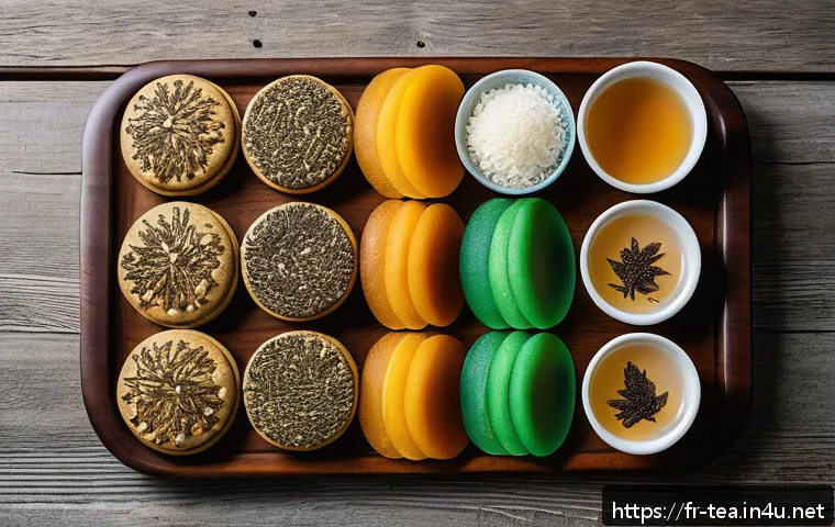 한식 다과 종류 - A beautifully arranged traditional Korean dessert platter on a rustic wooden table set in a cozy Eur...