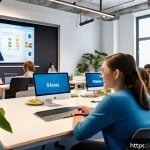 다과와 온라인 클래스 - A bright and modern online learning environment featuring a diverse group of adult students attentiv...