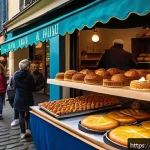 다과와 편의점 디저트 - A vibrant French local market scene showcasing artisanal dessert stalls under colorful awnings, with...