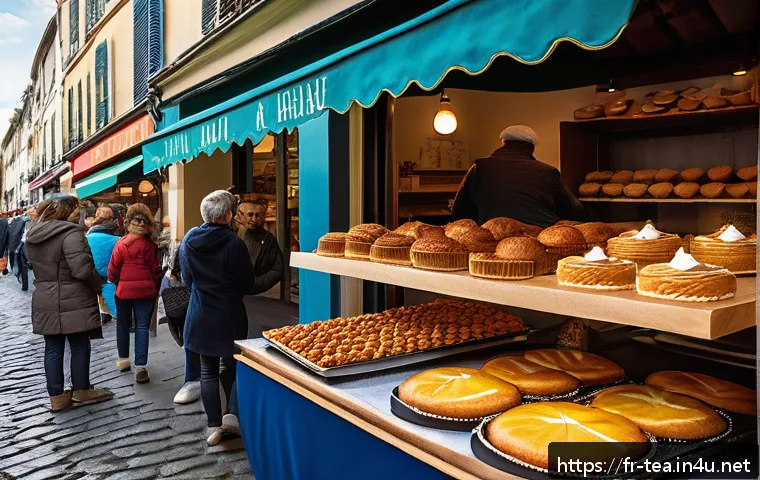 다과와 편의점 디저트 - A vibrant French local market scene showcasing artisanal dessert stalls under colorful awnings, with...