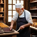 다과 브랜드 스토리 - A rustic French confectionery workshop interior, showcasing traditional artisanal candy-making techn...