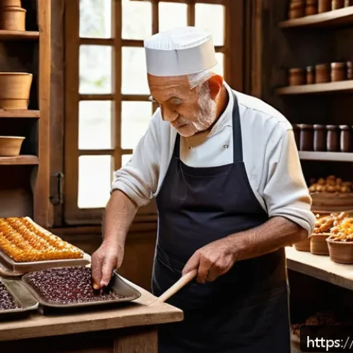 다과 브랜드 스토리 - A rustic French confectionery workshop interior, showcasing traditional artisanal candy-making techn...