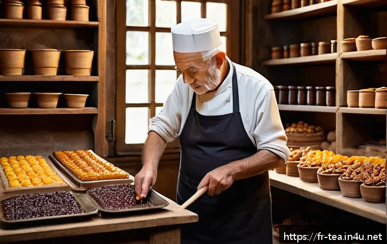 다과 브랜드 스토리 - A rustic French confectionery workshop interior, showcasing traditional artisanal candy-making techn...
