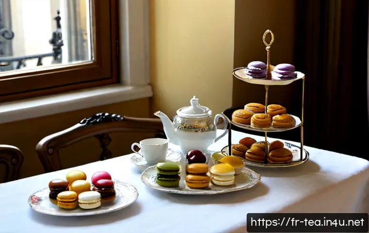 Home 17 다과문화와 한과 - Photorealistic elegant French afternoon tea table in a sunlit Parisian salon, delicate porcelain cup...