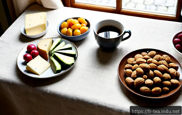 다과와 키토제닉 스낵 - Photorealistic French afternoon snack table with a refined ketogenic selection: creamy French cheese...