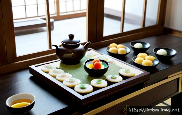 조선시대 다과상 - Photorealistic Joseon-era Korean tea snack table, low dark wood table arranged with delicate brass a...